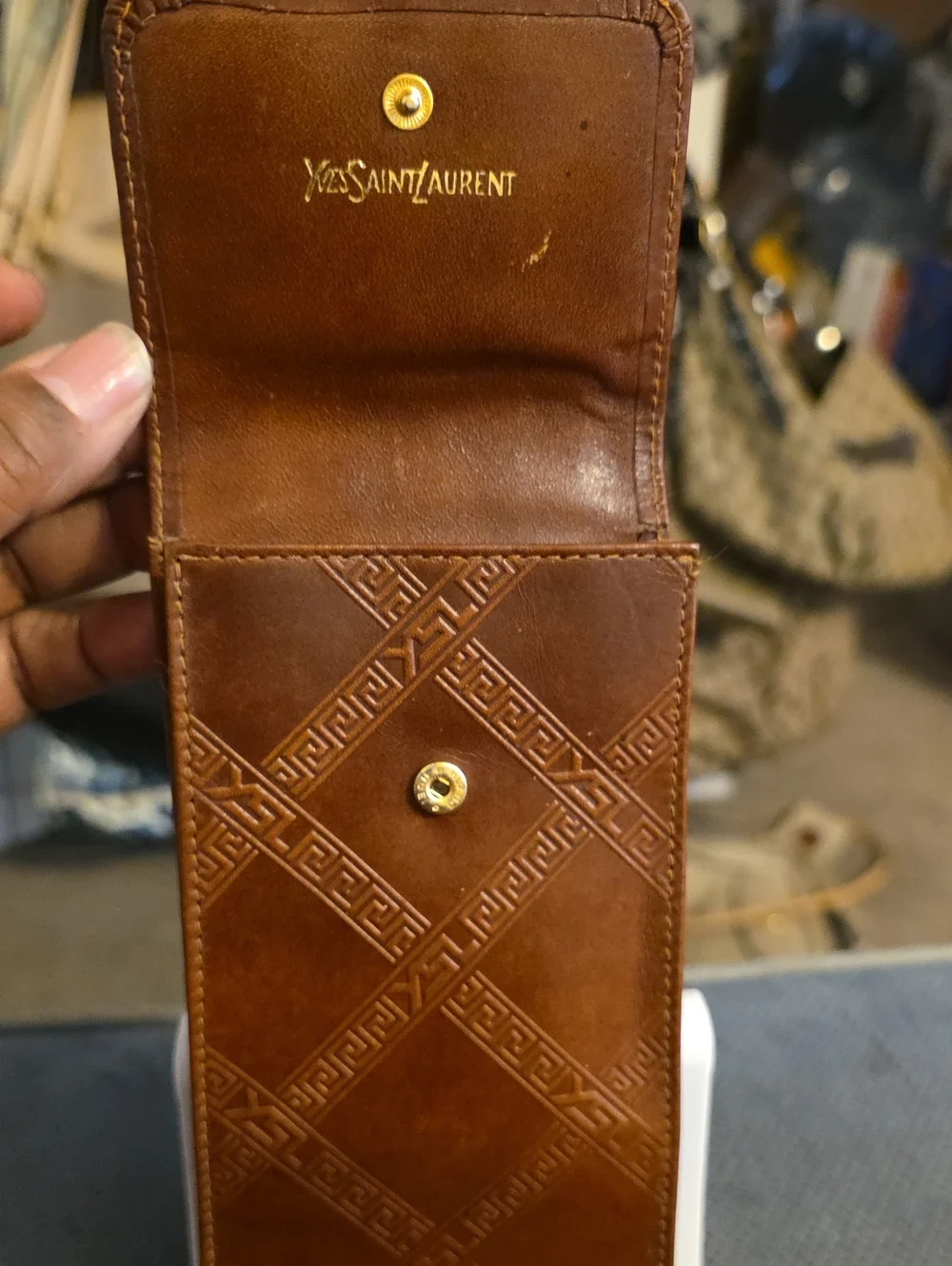 Vintage Yves Saint Laurent Embossed Brown Leather Phone Wallet